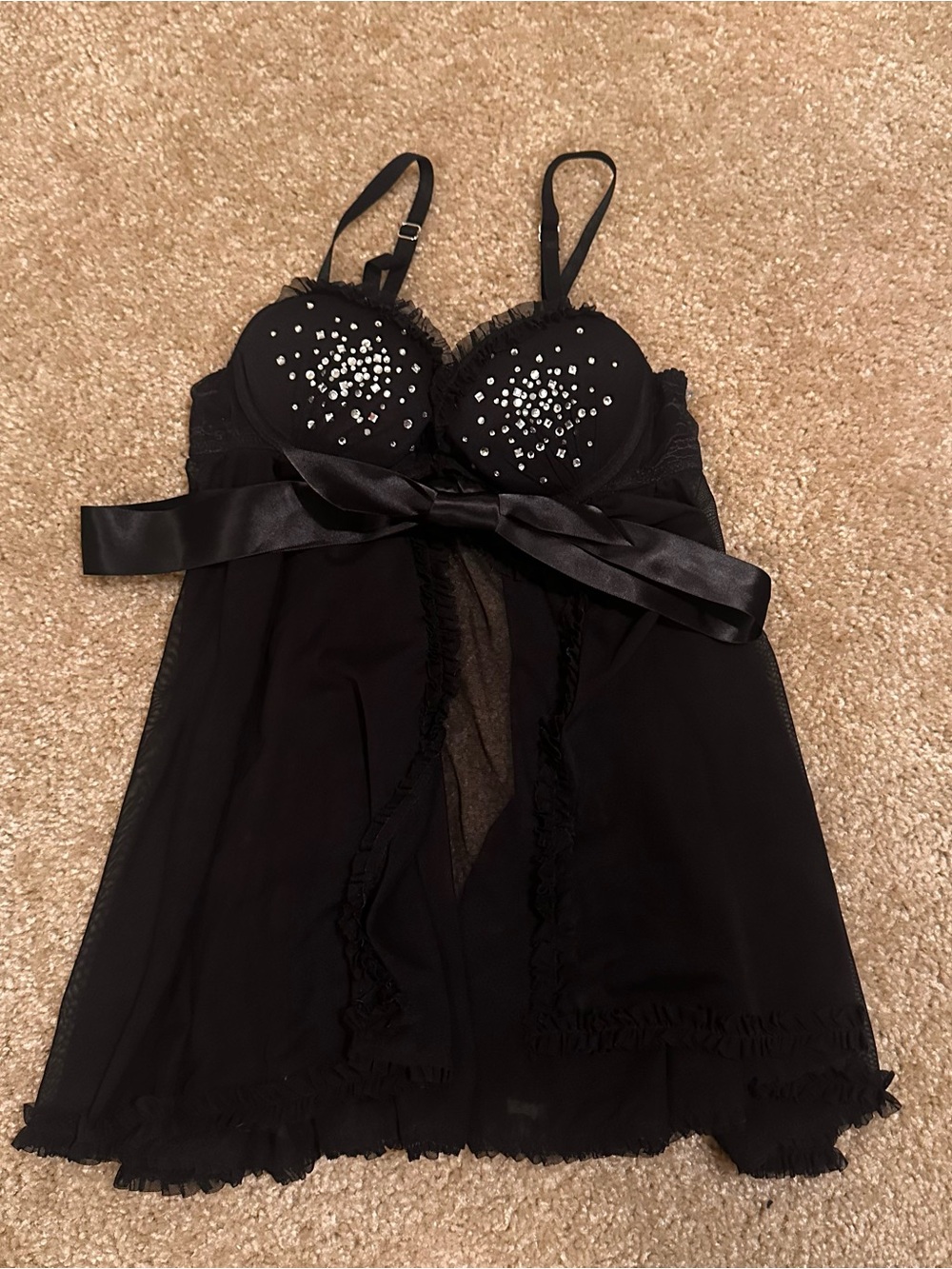 Victoria’s Secret Sexy Little Things Black Babydoll Lingerie Chemise Rhinestone